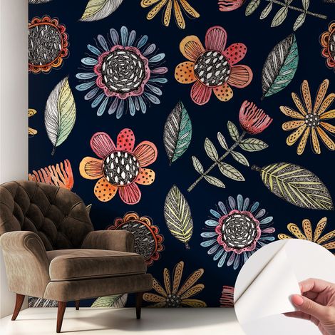 Selbstklebend Tapete - Wandgestaltung - Tapete Wohnzimmer - Flur Eingangsbereich Blumenmosaik 250x250 cm (1/5)