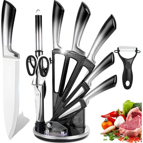 Juego de cuchillos de cocina con revestimiento antiadherente, incluye bloque para cuchillos, color negro. (1/2)