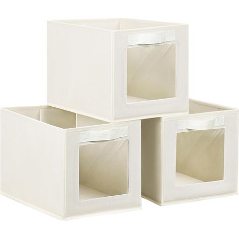 Boite de Rangement avec Couvercle, Lot de 3 Panier Cube de Rangement Tissu Pliables Avec Fenêtre Transparente, Carton, Armoire, Vêtements, Tiroir, Beige (1/5)