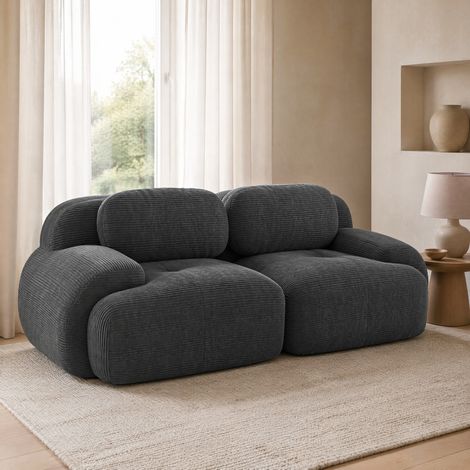 Sofá recto de 2 plazas 208x103x70 cm en tela acanalada gris, modular FloraGrace (1/5)
