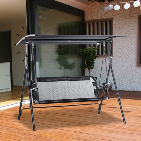 Gartenschaukel für 2 Personen, Außenschaukel mit verstellbarem Sonnendach, Stahlrahmen, 172 x 110 x 155 cm, schwarz