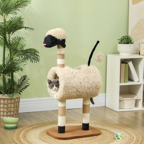 Arbre à chat design mouton marron clair 98 cm, avec griffoir, tunnel et accessoire de jeu