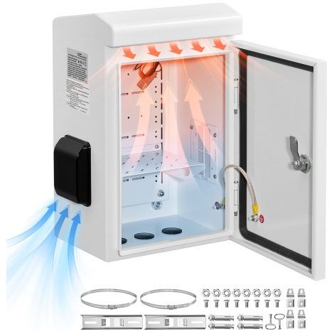Caja de Distribución Eléctrica de Acero Laminado en Frío, Armario de Distribución Impermeable con Termostato y Ventilador, Placa de Montaje, Carcasa Abatible, Montaje en Pared, 25 x 20 x 40 mm (1/5)