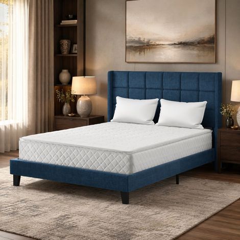 CHICFURN Letto matrimoniale 140x200 cm in lino blu con testiera capitonné, rete e materasso (1/5)