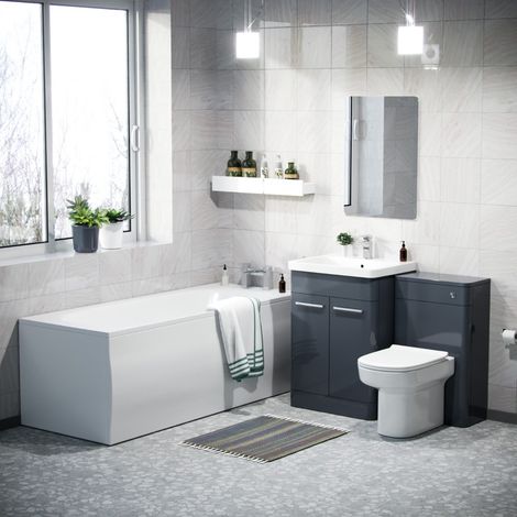 Afern 600mm Basin Vanity Cabinet, WC Unit, D Shape Toilet & Bath Bathroom Suite Anthracite (1/5)