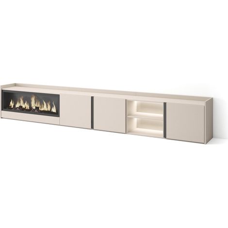 Skraut Home - Mueble TV, Televisión, Muebles de salón, almacenaje, 315x35x50cm, Para TV hasta 80", Chimenea eléctrica XXL, LED, Estilo Moderno, Beige (1/5)