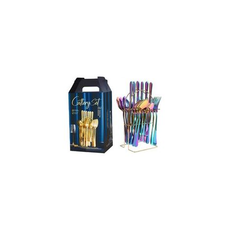 Ménagère 24 pièces en acier inoxydable avec support, finition polie miroir, pour 6 personnes, compatible lave-vaisselle, multicolore (1/5)