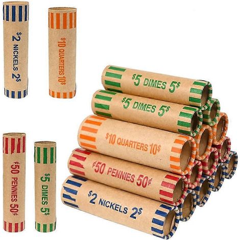 Rouleaux de 128 emballages préformés pour pièces de monnaie - Assortiment d'emballages résistants pour pièces de 25 cents, 1 cent, 5 cents et 10 cents. (1/5)