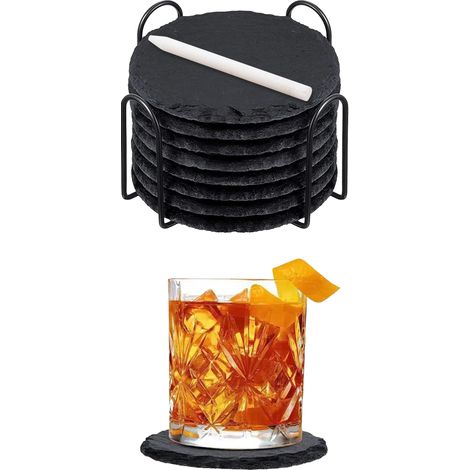 Set 8 Pezzi Sottobicchieri Rotondi In Ardesia 10 Cm Colore Nero Pietra Naturale Certificati Contatto Alimentare Con Gessetto Supporto Metallo Gommini Antiscivolo Sottobicchiere Bar,Birreria,Casa Acces (1/5)