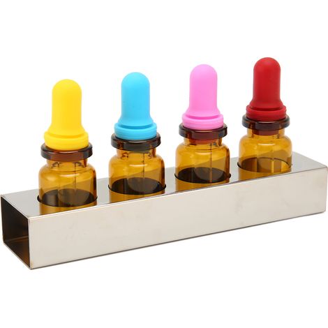 Set aus 4 bernsteinfarbenen Glas-Tropfflaschen mit Halter für ätherische Öle und Zahnpflegeprodukte, ein praktisches Accessoire. (1/5)