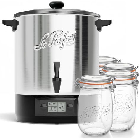 Esterilizador eléctrico de tarros con depósito de acero inoxidable y grifo, 23 L, 2500 W + 4 tarros de 1 L - LPF.STV23INA - Le Parfait -
