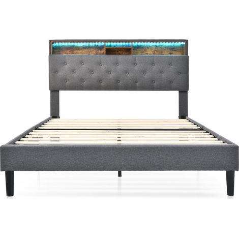 Cama doble tapizada gris 140 x 200 cm con cabecero con almacenaje y LED (1/5)