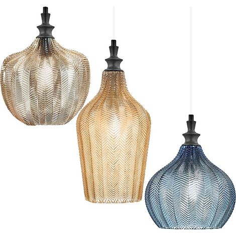 Lustre moderne à suspension en verre coloré E27 LED – 3 diffuseurs ambre, ocre, cobalt – Hauteur réglable 120 cm – Métal noir mat