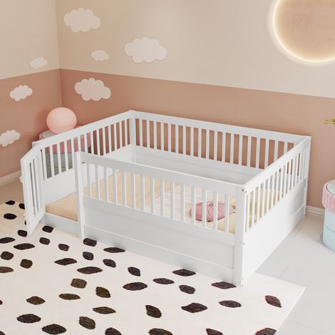 Lit évolutif 140x200cm - lit enfant  en bois avec barreaux et porte, sans sommier et matelas - blanc (1/5)
