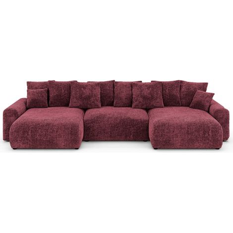 OLI - Canapé panoramique convertible tissu chenille 5 places - Bordeaux