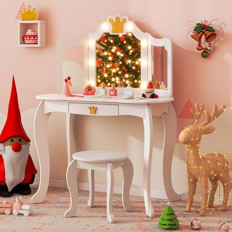 GOPLUS Coiffeuse Enfant Fille avec Miroir LED 3 Couleurs, Table de Maquillage avec Tabouret, Miroir à 3 Volets, Accessoires, 2 en 1 Bureau Coiffeuse Enfant avec Rangement (Blanc) (1/5)