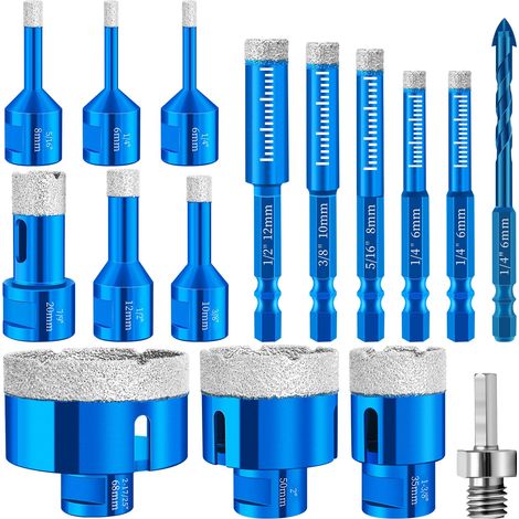 Diamantbohrer pour carrelage 6 mm, lot de 9 forets M14 pour carrelage 6/8/10/12/20/35/50/68 mm + 6 forets à tige hexagonale M6 6/6/8/10/12 mm + 1 adaptateur M8, foret diamanté pour carrelage (1/5)