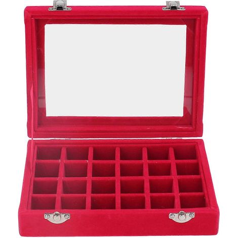 Petite boîte à bijoux en velours rouge à 24 compartiments avec cadenas, idéale pour ranger boucles d'oreilles et bagues. (1/5)