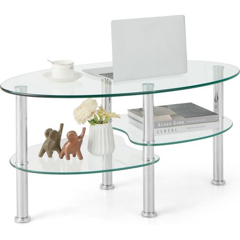 COSTWAY 3-Tire Modern Oval Tea Table Smooth Glass Coffee Table Sofa End Side Table (1/5)