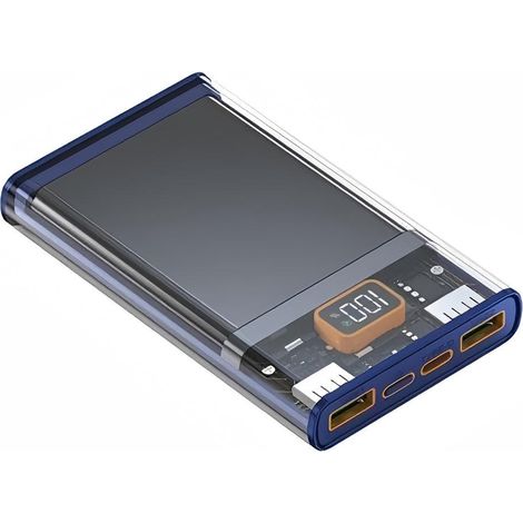 Batterie externe transparente - Charge ultra rapide 22,5 W, compatible avec les téléphones Apple et Huawei - Bleue