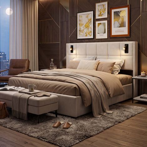 Creahappy Lit Coffre 140x200 cm avec Rangement - Gain de Place - Tissu Velours Beige Style Contemporain - Tête de Lit Liseuse LED (1/5)