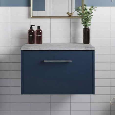 Hudson Reed Juno Wall Hung 1-Drawer Vanity Unit with Bellato Grey Worktop 600mm Wide - Midnight Blue (1/5)