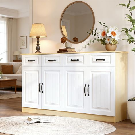 Buffet Moderne Enfilade 160 cm Blanc et Bois Naturel, Meuble de Rangement Salon avec 4 Portes et 4 Tiroirs, Design Rainuré Minimaliste