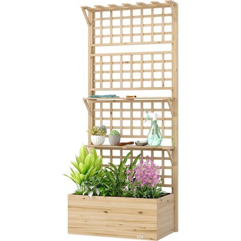 Outsunny Fioriera Rialzata con Traliccio in Legno, Tetto e Mensole, Naturale