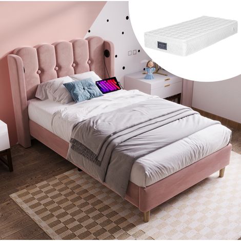 Lit adulte velours rose 90x200 USB C tete rembourree HAVRYA (1/5)