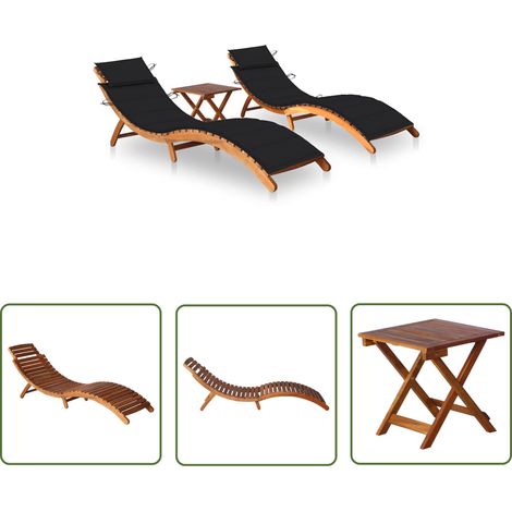 The Living Store Chaises longues lot de 2 avec table et coussins Acacia solide - Chaise Longue - Transats - Mobilier De Jardin - Salon De Jardin - Meubles De Jardin (1/5)