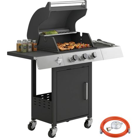 Beyamis Gasgrill mit 3 Brennern (8,1 kW), Thermometer, Seitentischen, Ablagen, Schrank und Rollen, 109 x 50 x 109 cm, Schwarz