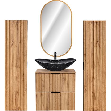 Badmöbel Set Wotaneiche mit Rillenoptik 60 cm Waschtisch-Unterschrank mit Keramik Waschbecken 2 Hochschränke LED-Spiegel (1/5)