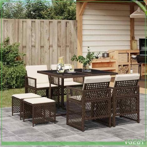 Ensemble de salle à manger de jardin - FAFEICY - 3210777 - Poly rotin marron - Dessus verre trempé - Coussins amovibles (1/5)