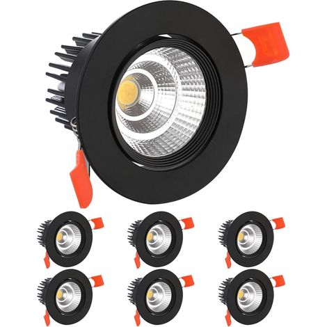 6 Pack LED Spots Encastrable, 7W COB Plafonnier Encastré Lamp,AC 220-240V,Blanc Froid 6000K,Ajuster l’angle 30°,IP44,Découpe 70-80mm,Pour salle de Salon,Couloir, bain,Cuisine(Noir) (1/4)