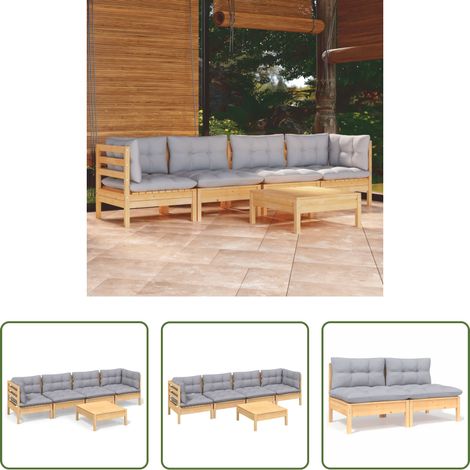 Terrassensofa - 5-tlg. Garten-Lounge-Set mit Grauen Kissen Kiefer Massivholz (1/5)