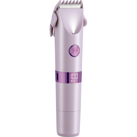 Recortadora de pelo de doble cabezal para mujer con bloqueo de seguridad, suave con la piel, perfecta para la zona del bikini, el cuerpo y el rostro (morado). (1/5)