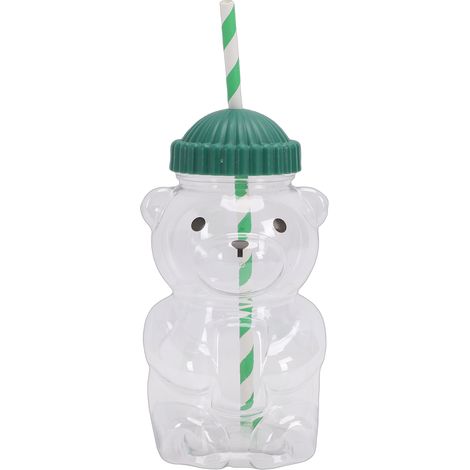 Wiederverwendbarer, transparenter 3D-Bärenbecher mit Deckel und grünem Strohhalm für Kaltgetränke, ideal für Eiskaffee, Milchkaffee, Tee und Cocktails. Fassungsvermögen: 450 ml. (1/5)