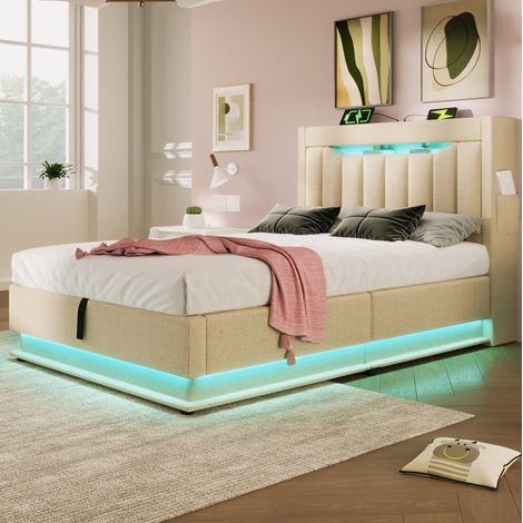 Lit simple rembourré 90x200 cm avec tête de lit rangement, USB et Type-C, LED et coffre relevable, lin beige (1/5)