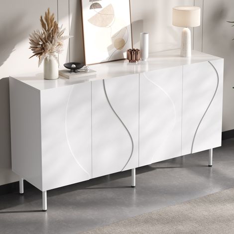 Buffet 140x40x77,5 cm 4 portes avec ouverture push-to-open, rangement salon, MDF et panneaux de particules blanc (1/5)