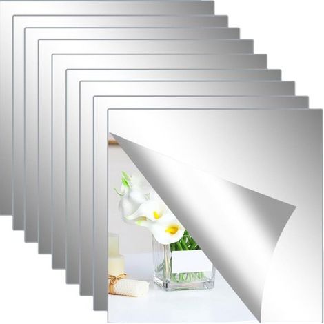 Azulejos de espejo autoadhesivos de 30x30 cm, Vidrio flotado, resistente a arañazos, fácil instalación, perfectos para sala de estar, 9 piezas (1/5)