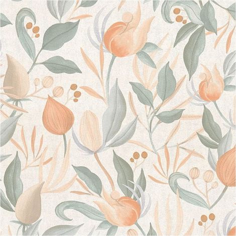 Flowers wallcovering wall Profhome 790624 hot embossed non-woven wallpaper slightly textured with floral ornaments matt cream oyster white mint turquoise pastel orange 5,33 m2 (1/5)