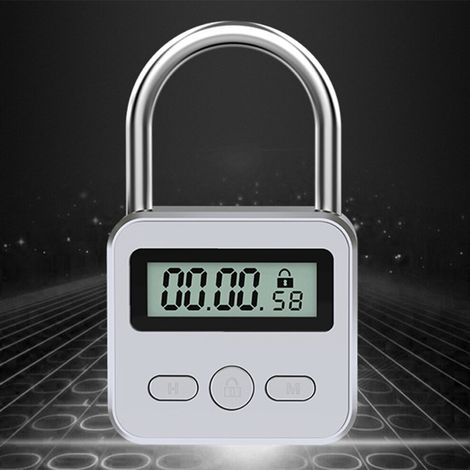 Un lucchetto con timer in metallo e display LCD, timer elettronico multifunzione, durata massima 99 ore, ricaricabile tramite USB, colore argento. (1/4)
