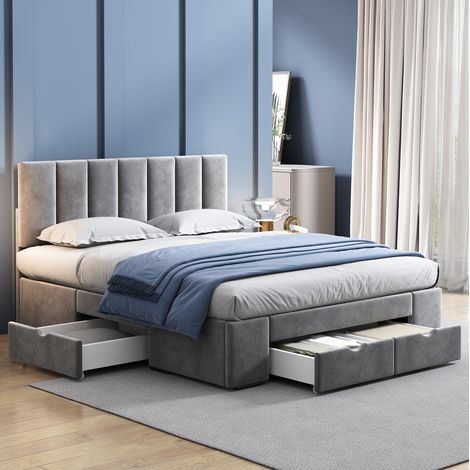 Lit avec tiroirs 140x200 avec sommier, velours gris HAVRYA (1/5)