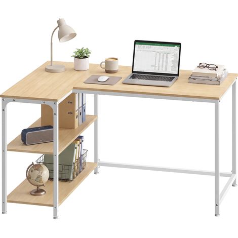 Bureau Informatique d'Angle en L avec Étagères Réversibles, 110 x 80 x 76 cm, Jaune et Blanc (1/5)