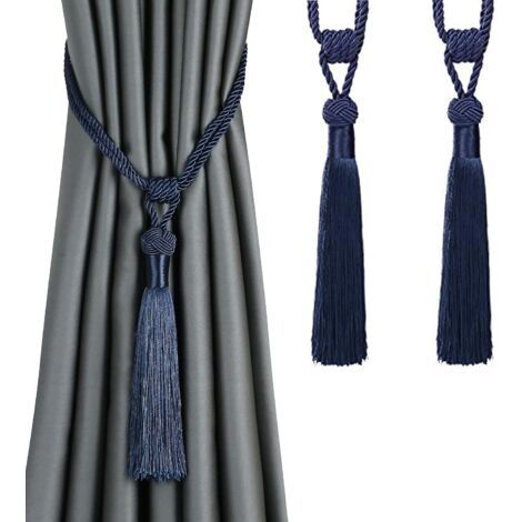 QORVA-Lot de 2 embrasses de rideaux à longs pompons, faites à la main, en corde tressée, style européen, décoratives (bleu foncé)