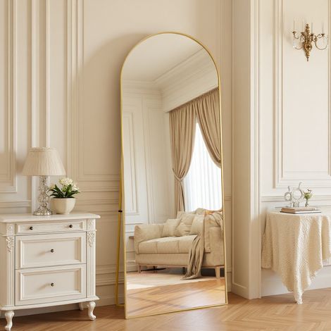 Miroir Plein Corps, 164 x 54 cm, Arqué Inclinable, Sur Pied & Mural, Cadre Aluminium, Salon, Doré