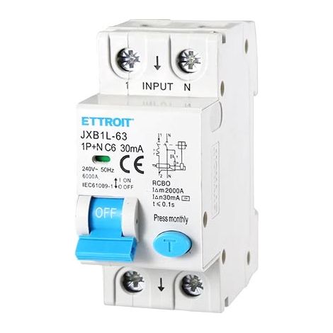 Differentialschutzschalter 1P+N 6A 6kA 30mA 220V belegt 2 DIN-Module Ettroit JX270661