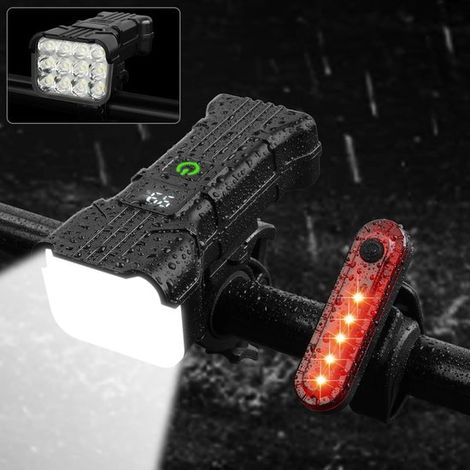 Faro per bicicletta con 12 LED，Ricaricabile e impermeabile，1800 mAh，9500 lumen，Faro per bicicletta con 6 + 5 modalità，Luce anteriore e posteriore (1/5)