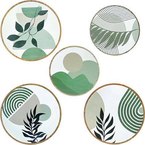 5 Pièces Décors Muraux Ronds en Bois Botanique, Décorations Murales Bohèmes Rondes, Art Mural Boho Vert, pour Salon, Chambre, Galerie (STYLE B)