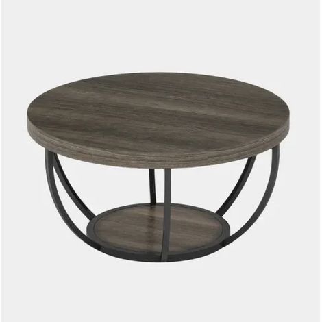 Table basse ronde à 2 niveaux gris avec plateau effet bois, structure métal stable, pour salon, bureau ou accueil, style moderne intemporel - CHICFURN (1/5)